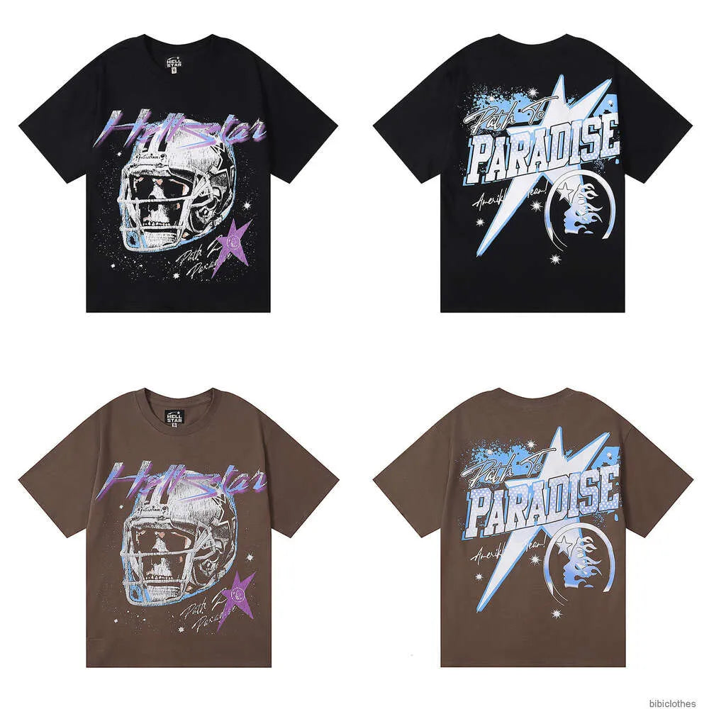 Designer Fashion Clothing Tshirt Luxury Mens Casual Tees High Street Hellstar Creative Fun Skull Helmet Print Quality Double Yarn Short Sleeve T-shirt Men